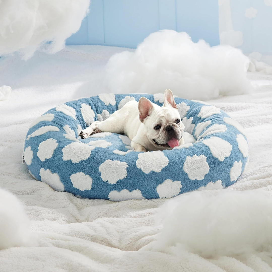 CozyPaw Donut Dog Bed – Modern Design, Soft & Warm, Washable Dog lying on a blue and white cloud-patterned pet bed in a cozy room.