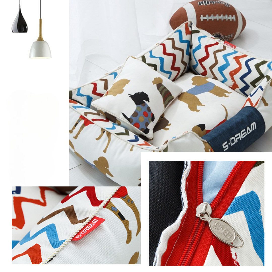 Sofa Dog Bed – Washable, Anti-Chew, Ultra Soft & Detachable Collage of pillows with colorful zigzag patterns and a football in the background.