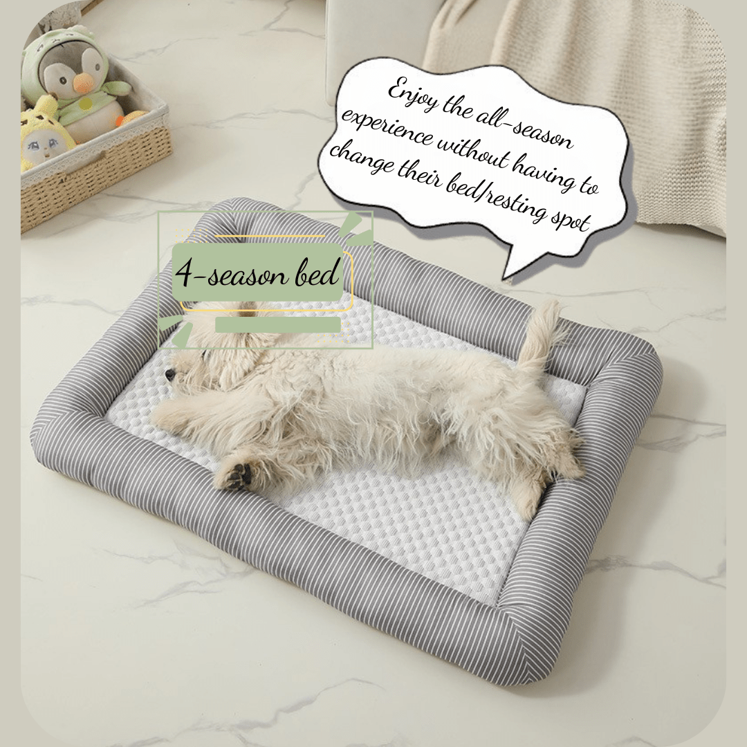 Cooling Dog Bed Dog lying on a 4-season cooling pet bed with text overlay on a light background