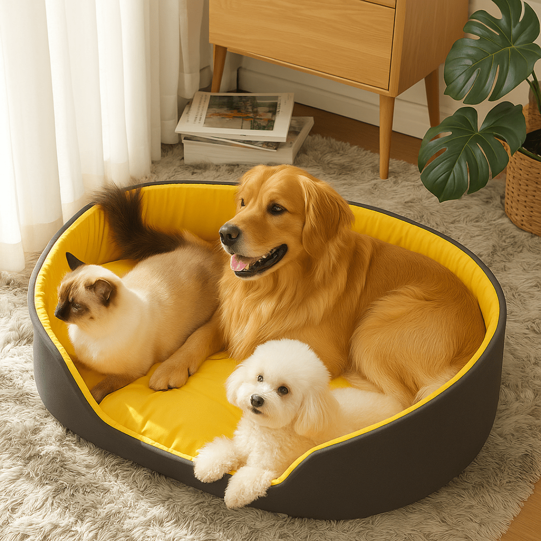 PetNet All - Season Ultra - Soft Dog BedThree dogs in a heart - shaped yellow and black pet bed in a cozy room.Joypup