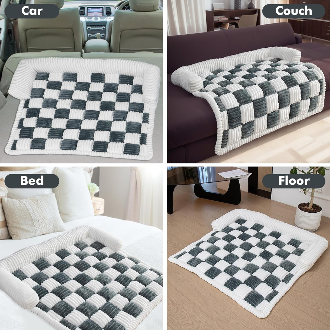Fluffy Fuzzy Calming Dog Bed Sofa Protector Pet Mat Checkered blanket shown on car seat, couch, bed, and floor.