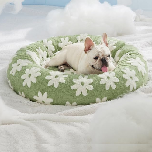 CozyPaw Donut Dog Bed – Modern Design, Soft & Warm, Washable Dog lying on a green floral-patterned pet bed in a cozy setting