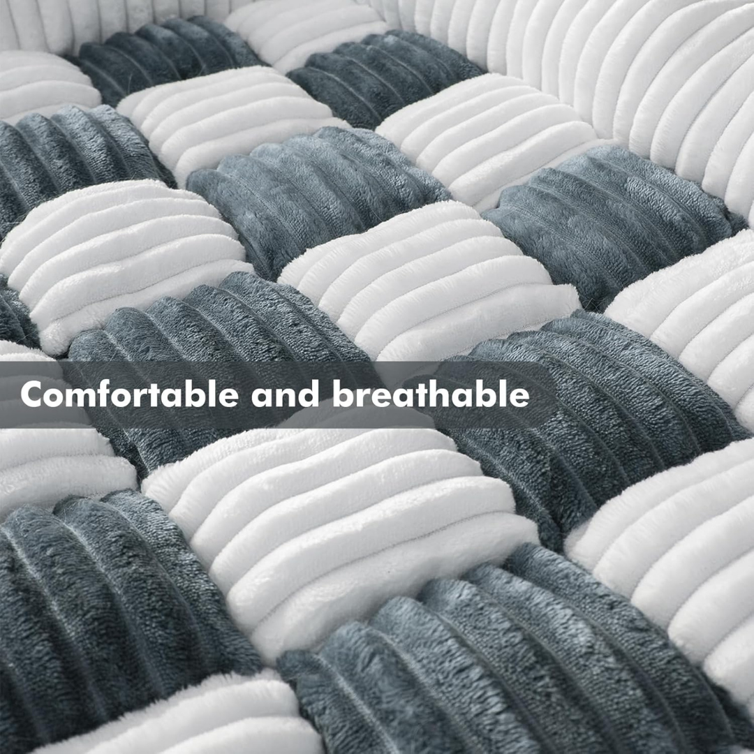 Fluffy Fuzzy Calming Dog Bed Sofa Protector Pet Mat Text 'Comfortable and breathable' over a textured fabric background