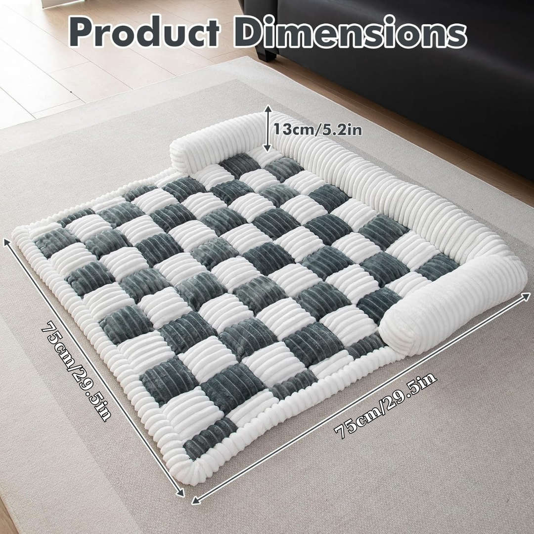 Fluffy Fuzzy Calming Dog Bed Sofa Protector Pet Mat Checkered pet bed with dimensions labeled on a neutral background