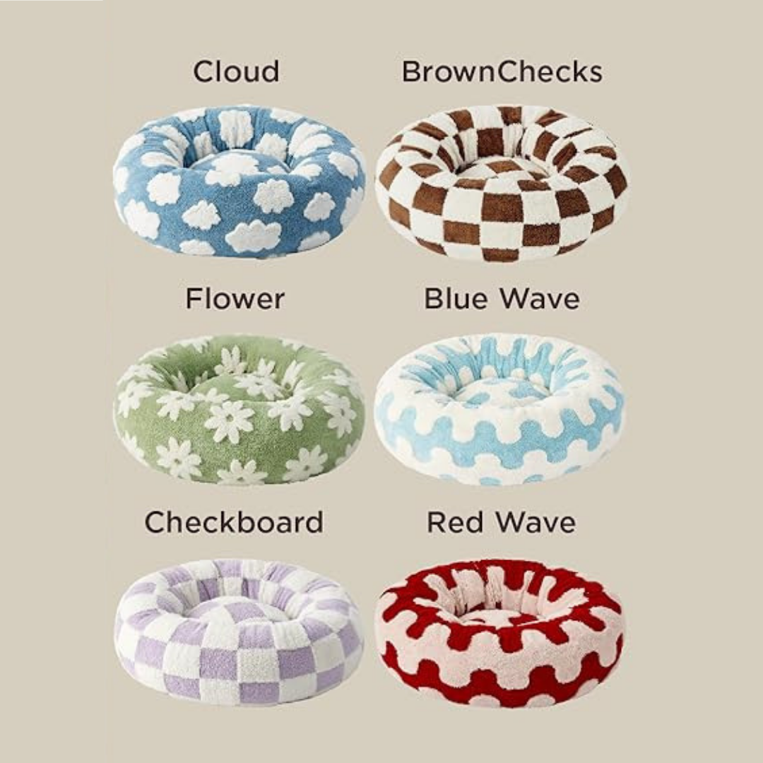CozyPaw Donut Dog Bed – Modern Design, Soft & Warm, Washable Collection of patterned pet beds with labels on a beige background
