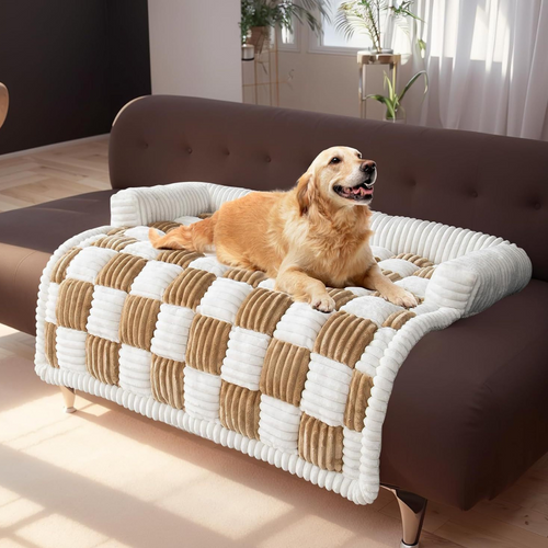 Fluffy Fuzzy Calming Dog Bed Sofa Protector Pet Mat Dog lying on a checkered pet bed in a cozy living room.