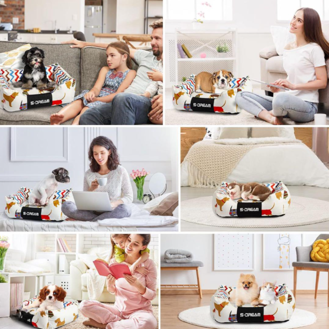 Sofa Dog Bed – Washable, Anti-Chew, Ultra Soft & Detachable Collage of a dog lying on a patterned pet bed in various home settings with people interacting.