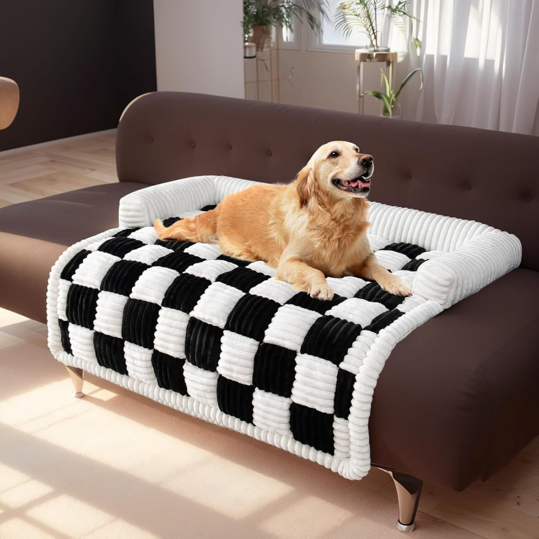 Fluffy Fuzzy Calming Dog Bed Sofa Protector Pet Mat Dog lying on a checkered pet bed in a living room