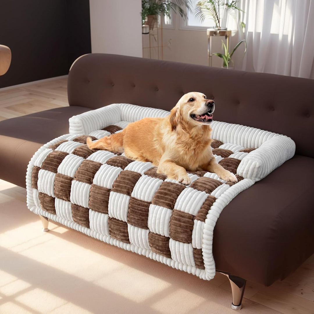 Fluffy Fuzzy Calming Dog Bed Sofa Protector Pet Mat Dog lying on a checkered pet bed in a living room