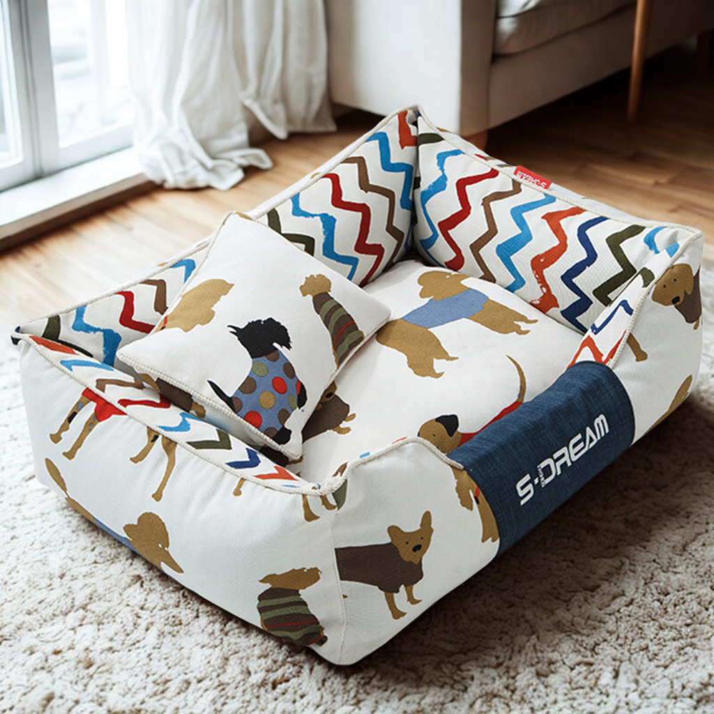  Sofa Dog Bed – Washable, Anti-Chew, Ultra Soft & Detachable Colorful pet bed with dog pattern on a carpeted floor
