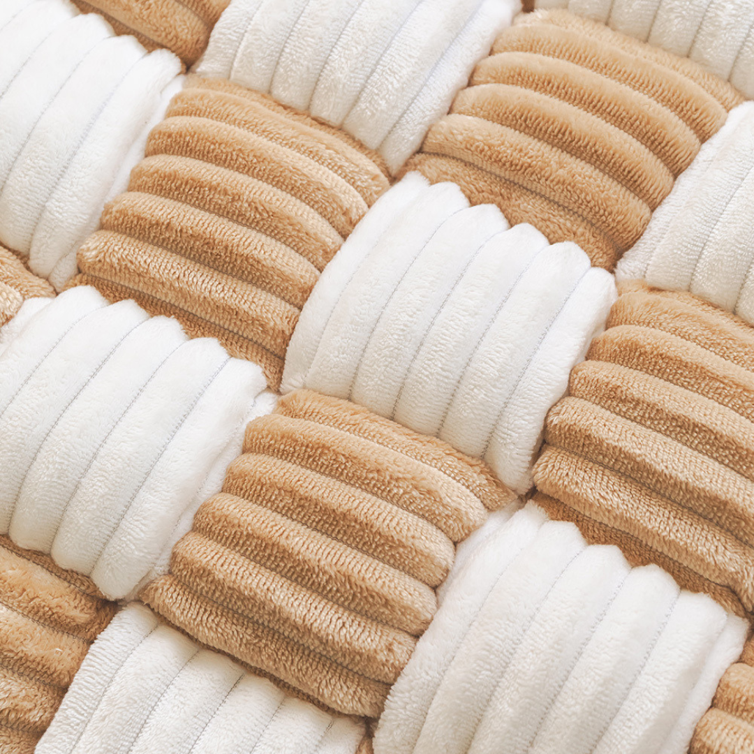 Fluffy Fuzzy Calming Dog Bed Sofa Protector Pet Mat Close-up of a woven rug with beige and white ribbed patterns.