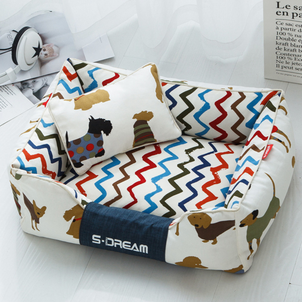 Sofa Dog Bed – Washable, Anti-Chew, Ultra Soft & Detachablebag chair with zigzag pattern and dog illustrations on a white surface.