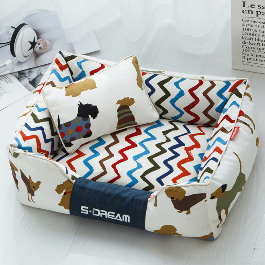 Sofa Dog Bed – Washable, Anti-Chew, Ultra Soft & Detachablebag chair with zigzag pattern and dog illustrations on a white surface.