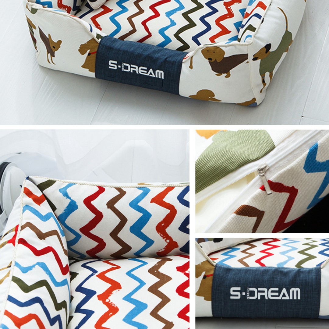 Sofa Dog Bed – Washable, Anti-Chew, Ultra Soft & Detachable Dog bed with colorful zigzag pattern and 'S-Dream' branding on a white surface.