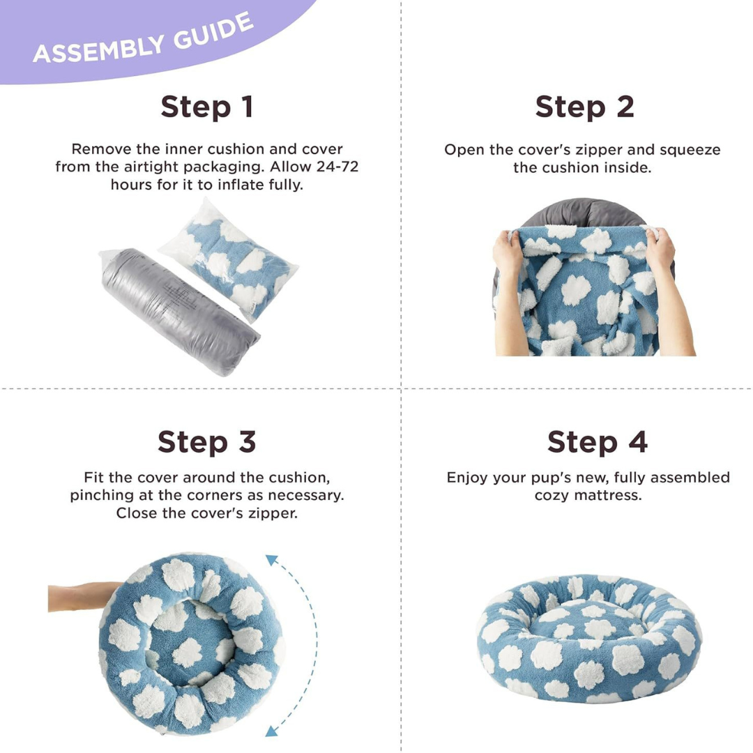 CozyPaw Donut Dog Bed – Modern Design, Soft & Warm, Washable Assembly guide for a pet bed with steps and images of the product.