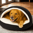 Calming Ultimate Anti-Anxiety Dog Bed – Cozy Hooded BedDog lying in a black and white pet bed on a carpeted floor.Joypup