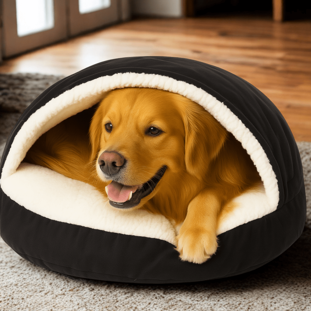Calming Ultimate Anti-Anxiety Dog Bed – Cozy Hooded BedDog lying in a black and white pet bed on a carpeted floor.Joypup
