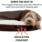Calming Ultimate Anti-Anxiety Dog Bed Dog lying on a brown and white insulated pet bed with text explaining its insulating comfort feature.