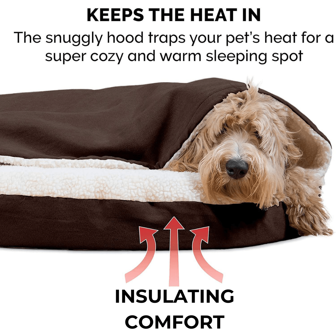 Calming Ultimate Anti-Anxiety Dog Bed Dog lying on a brown and white insulated pet bed with text explaining its insulating comfort feature.