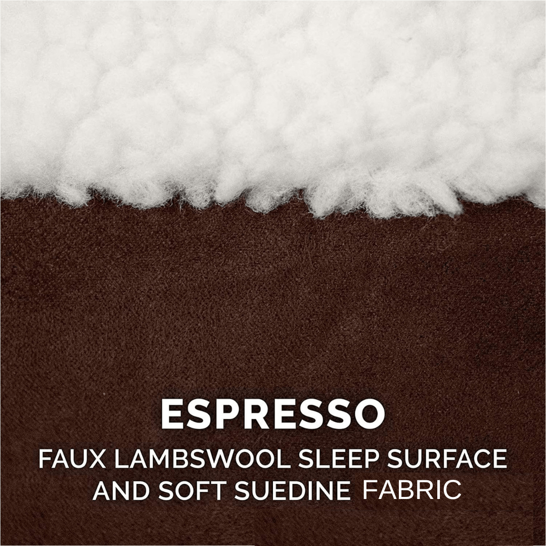 Calming Ultimate Anti-Anxiety Dog Bed Close-up of espresso-colored faux lambswool sleep surface with white fur on top