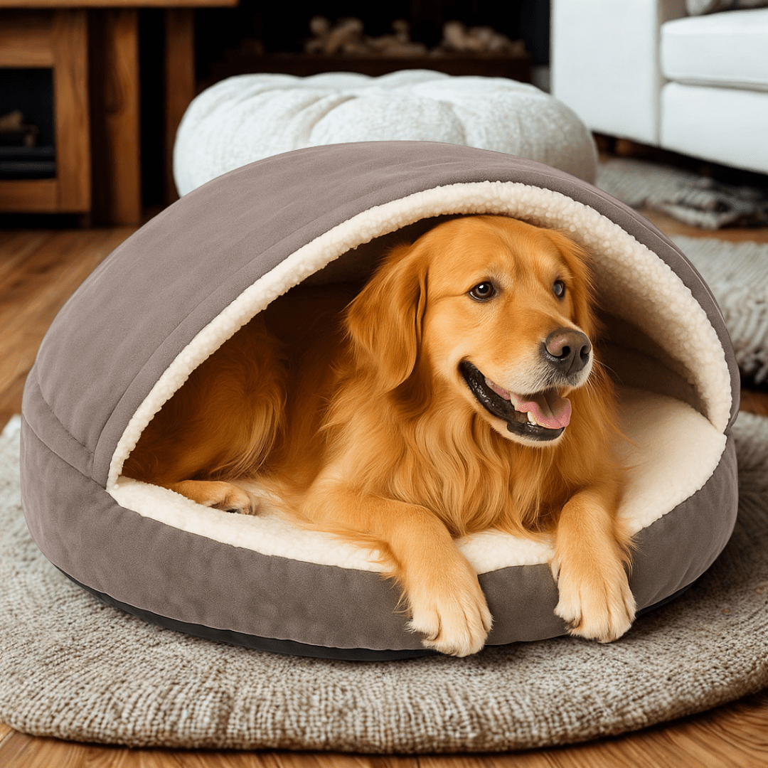 Calming Ultimate Anti-Anxiety Dog Bed – Cozy Hooded BedDog lying in a cozy gray pet bed in a home settingJoypup