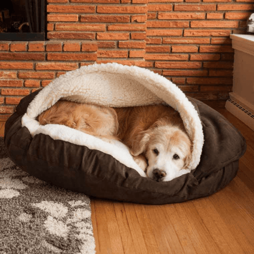 Calming Ultimate Anti-Anxiety Dog Bed – Cozy Hooded Bed. Dog lying in a brown pet bed against a brick wall. Joypup