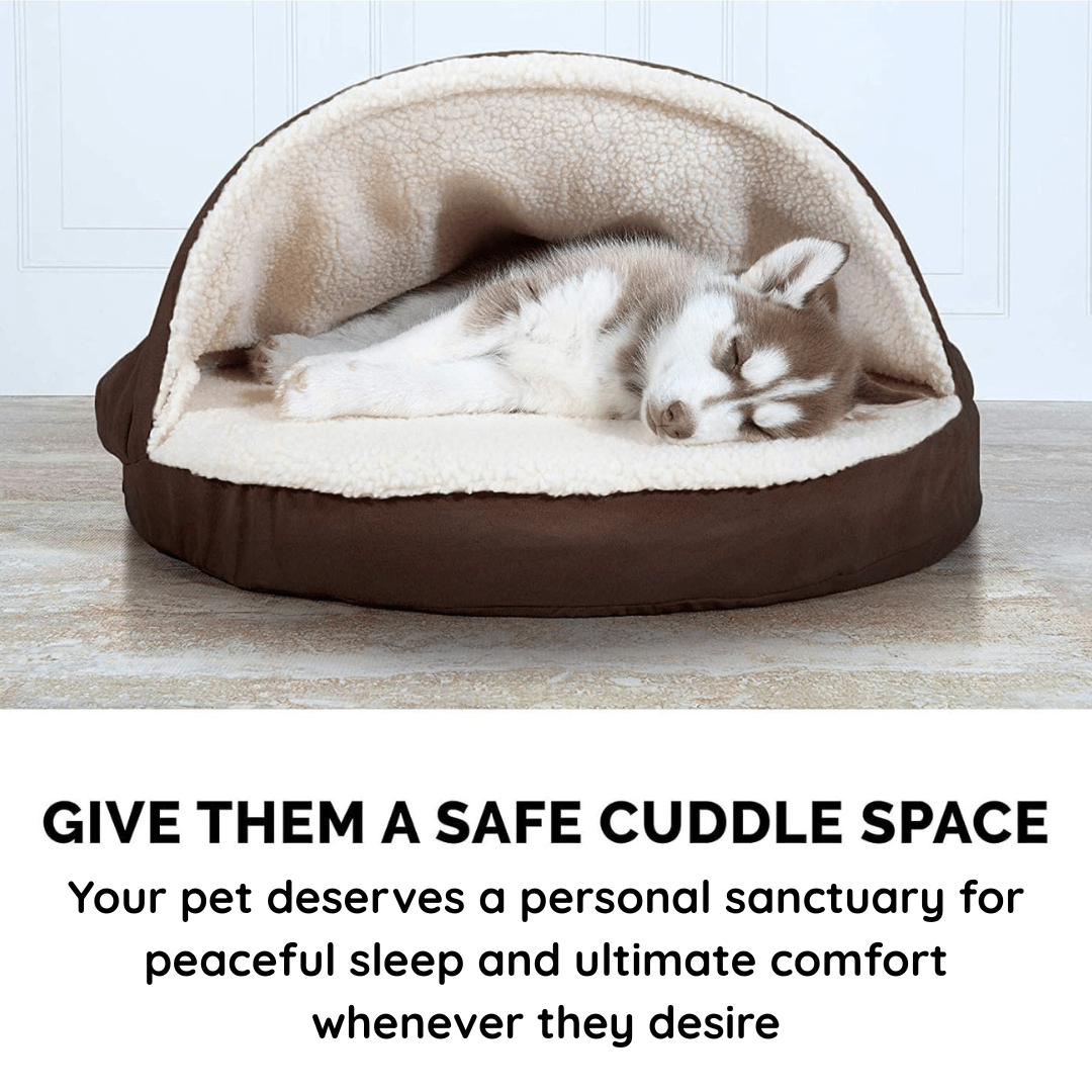  Calming Ultimate Anti-Anxiety Dog Bed Dog lying in a cozy pet bed with text about providing a safe cuddle space for pets.