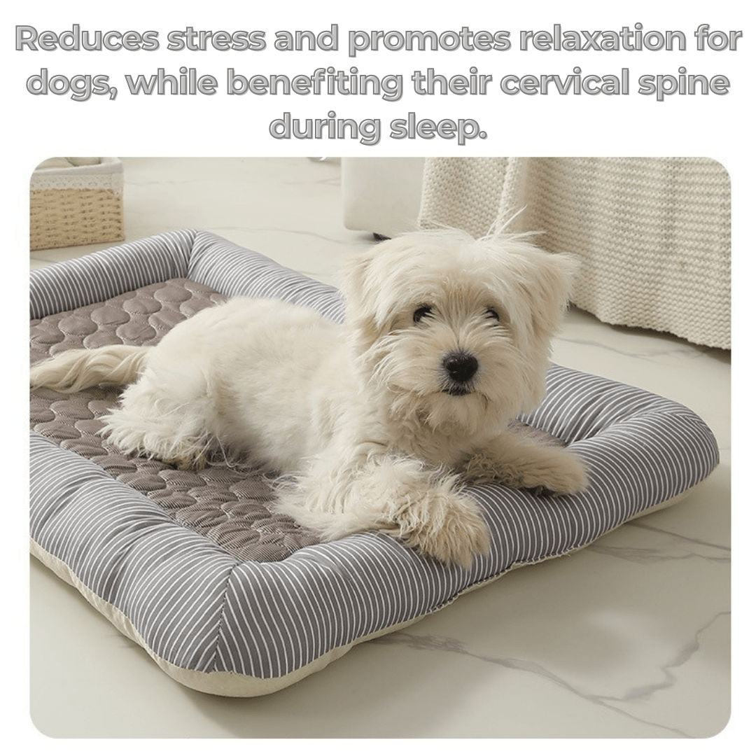 Cooling Dog Bed Dog lying on a striped cooling pet bed with text about stress reduction and cervical spine benefits.