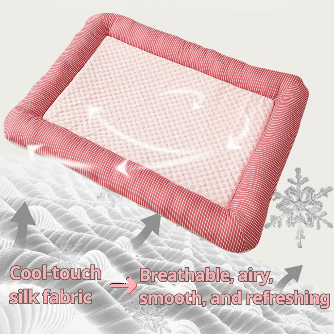 Cooling Dog Bed Pink cooling pet bed with text highlighting features on a gray background