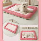 Cooling Dog Bed Dog lying on a pink cooling pet bed with close-up details on a light wooden floor.
