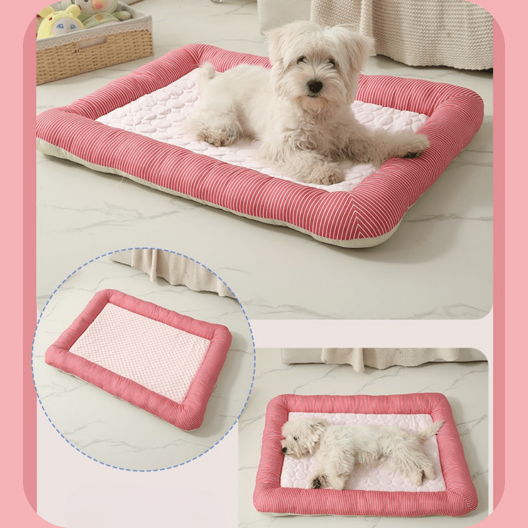 Cooling Dog Bed Dog lying on a pink cooling pet bed with close-up details on a light wooden floor.