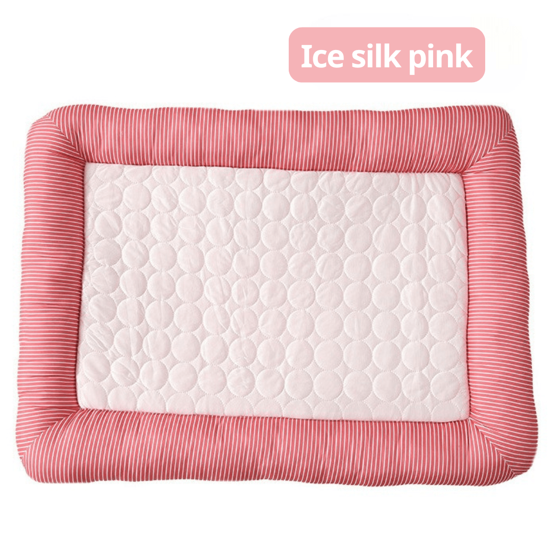 Cooling Dog Bed Pink quilted mat with white center on a white background, labeled 'Ice silk pink'.