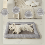 Cooling Dog Bed Dog lying on a gray cooling pet bed with text labels describing features.