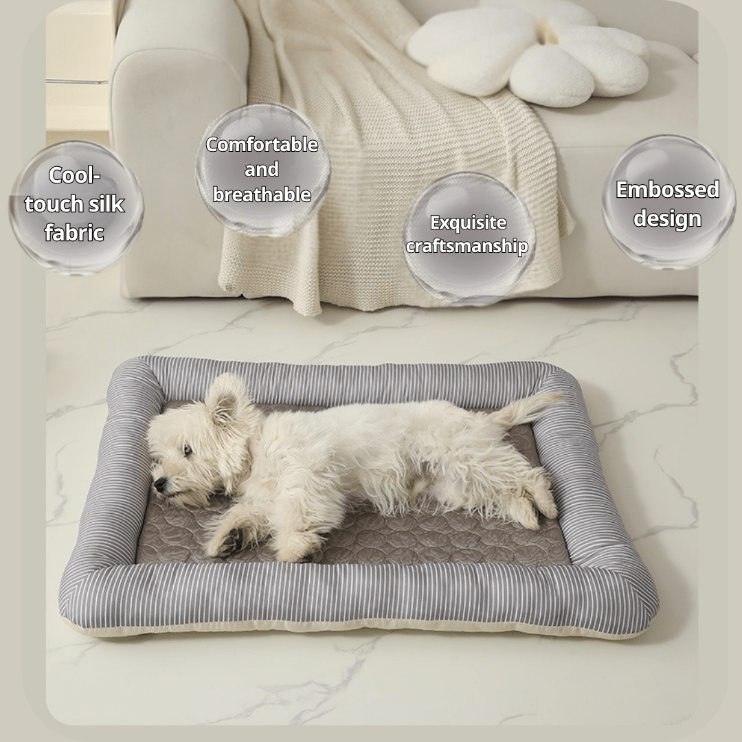 Cooling Dog Bed Dog lying on a gray cooling pet bed with text labels describing features.