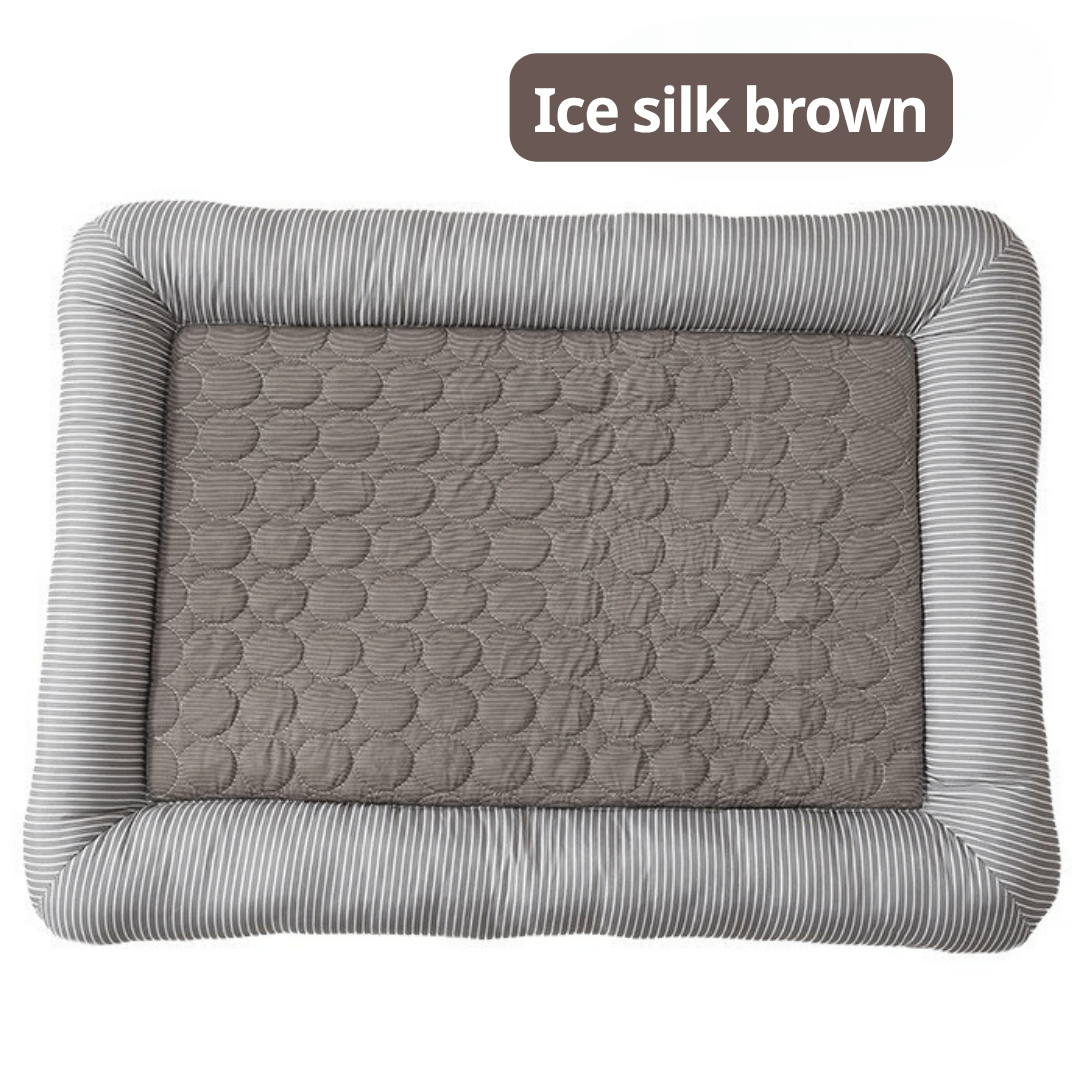 Cooling Dog Bed Textile product with gray and white pattern on a white background, labeled 'Ice silk brown'.