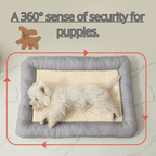 Cooling Dog Bed Dog lying on a cooling pet bed with text 'A 360° sense of security for puppies.' and a teddy bear icon.