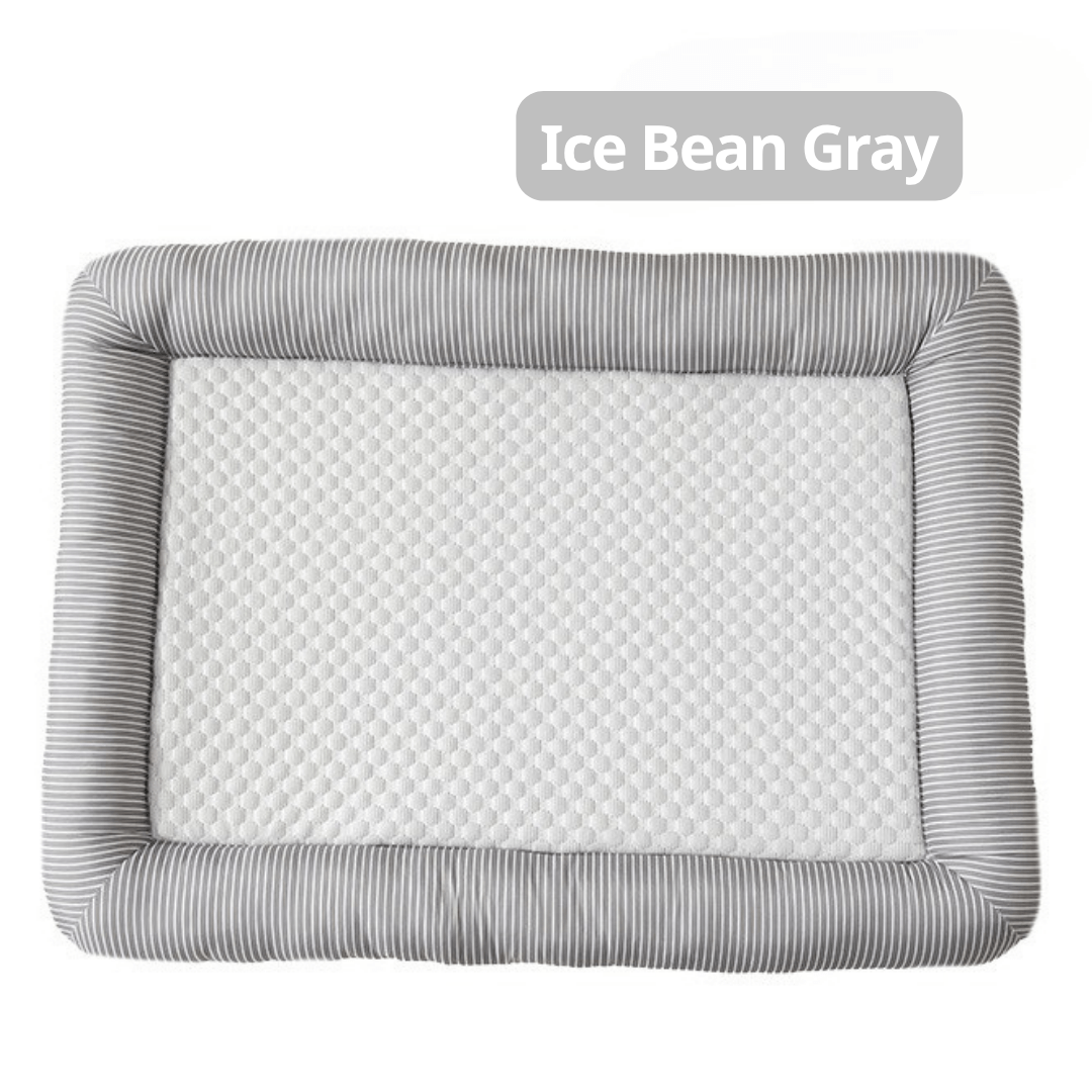 Cooling Dog Bed Gray quilted baby crib mattress on a white background with 'Ice Bean Gray' label.