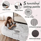 Human Dog Bed White bean bag chair with a girl sitting inside, surrounded by five functional selling points.