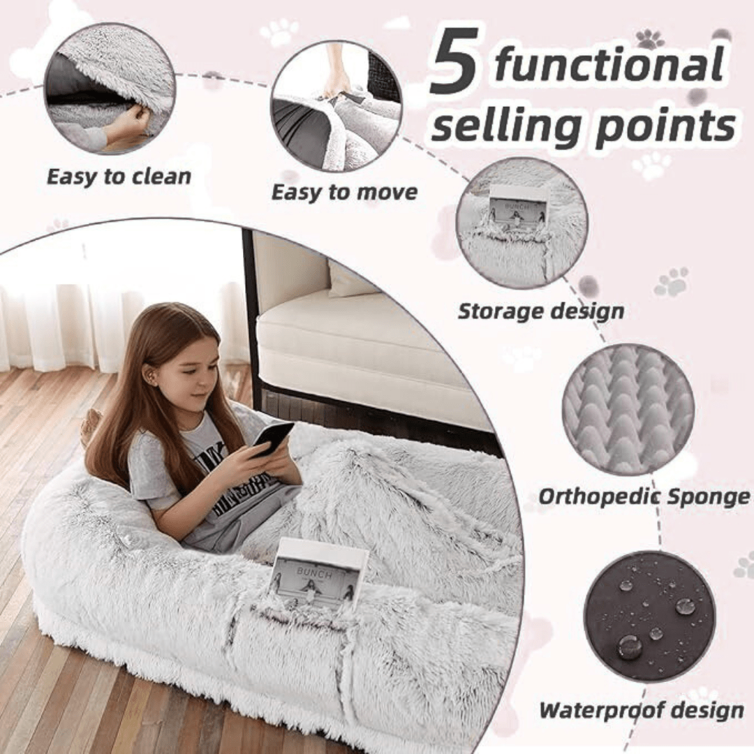 Human Dog Bed White bean bag chair with a girl sitting inside, surrounded by five functional selling points.