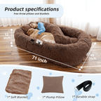 Human Dog Bed Brown pet bed with measurements and included items on a wooden floor.