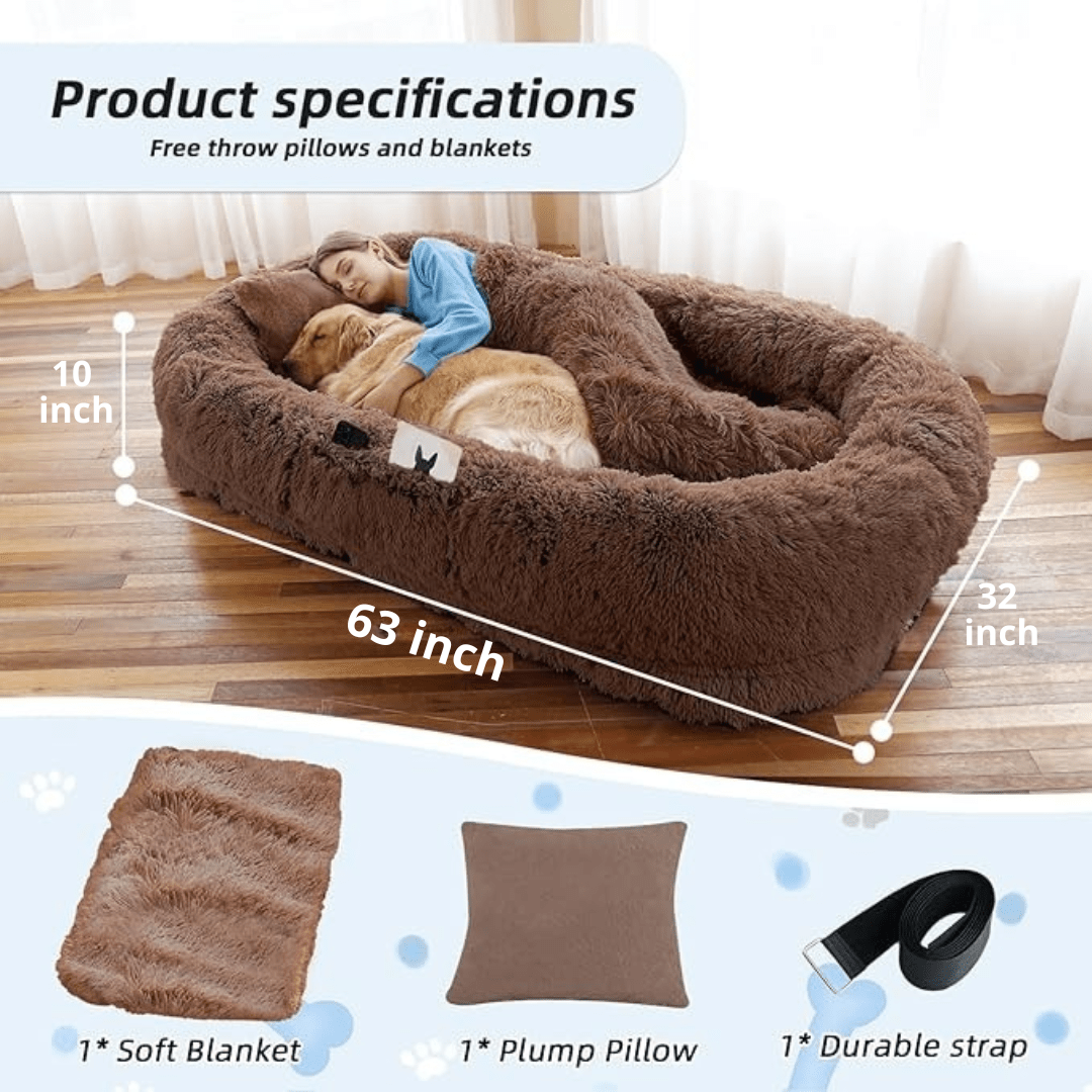Human Dog Bed Brown pet bed with measurements and included items on a wooden floor.
