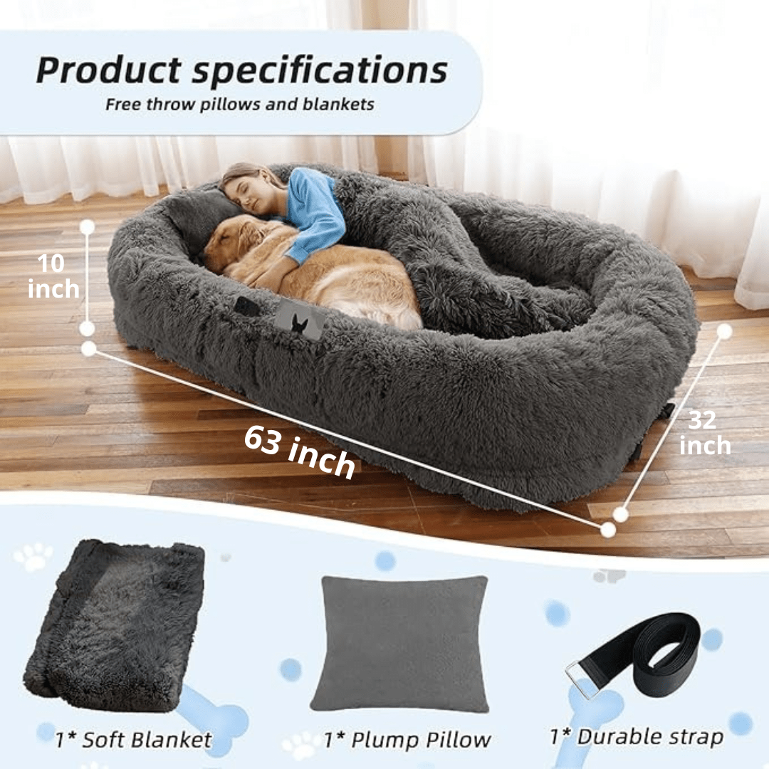 Human Dog Bed Large gray pet bed with measurements and included accessories on a wooden floor.
