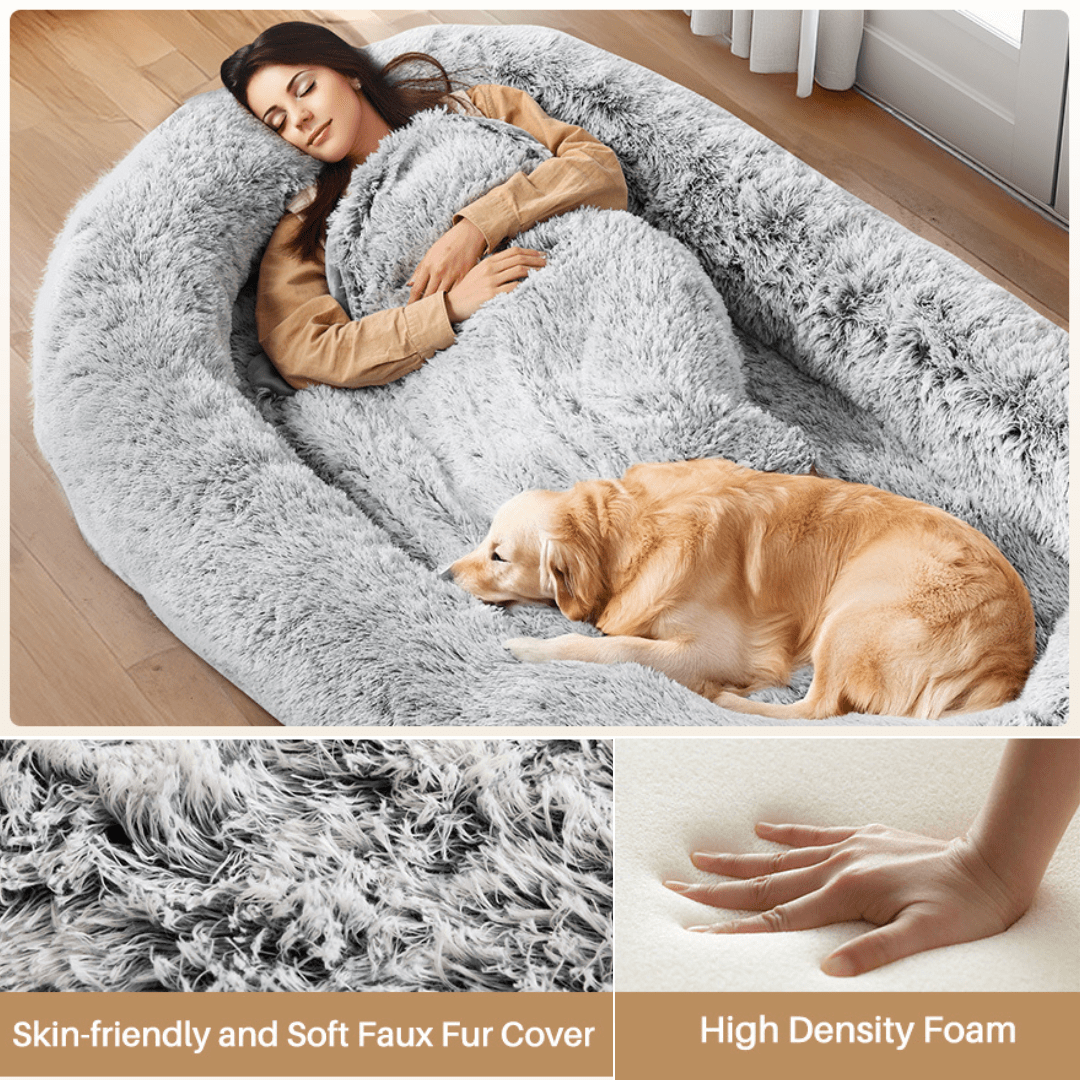 Human Dog Bed Person and dog lying on a large gray fluffy mat with close-up of cover and foam.