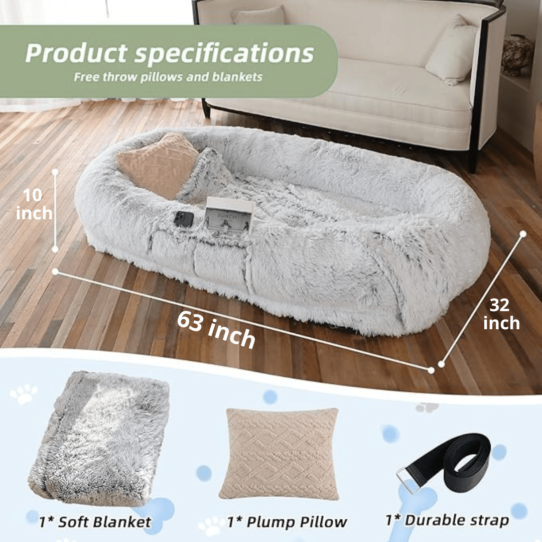 Human Dog Bed – Cozy, Ultra - Comfortable BedFluffy pet bed with dimensions and included items on a wooden floor.Joypup