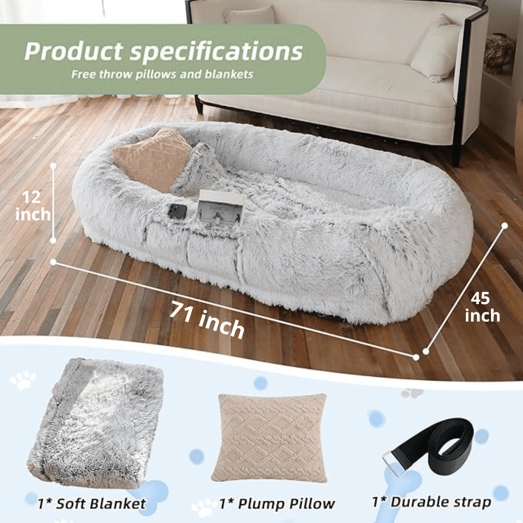 Human Dog Bed – Cozy, Ultra - Comfortable BedFluffy pet bed with dimensions and included items on a wooden floor.Joypup