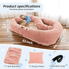 Human Dog Bed – Cozy, Ultra - Comfortable BedFluffy pink pet bed with measurements and accessories on a wooden floor.Joypup