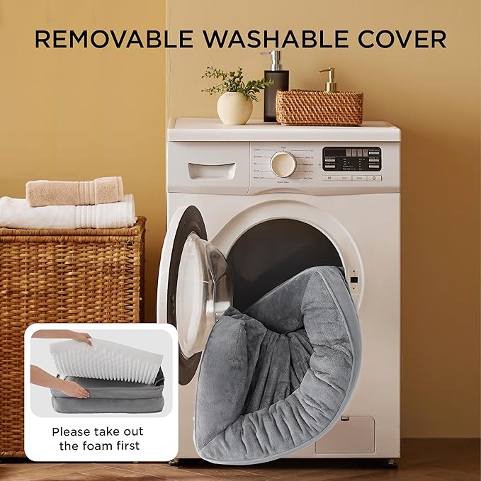 Orthopedic Dog Bed - Snoozy DreamDog washing machine with removable washable cover and laundry basket in a room.Joypup