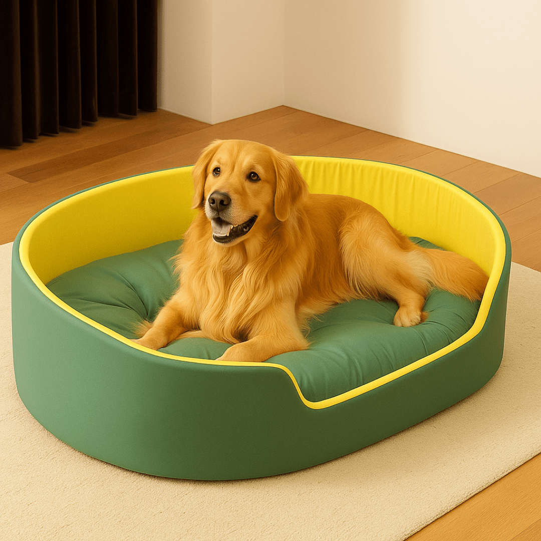 PetNet All - Season Ultra - Soft Dog BedDog lying on a green and yellow pet bed indoors.Joypup