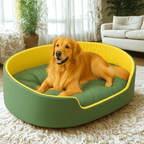 PetNet All - Season Ultra - Soft Dog BedDog lying on a green and yellow pet bed in a living room.Joypup