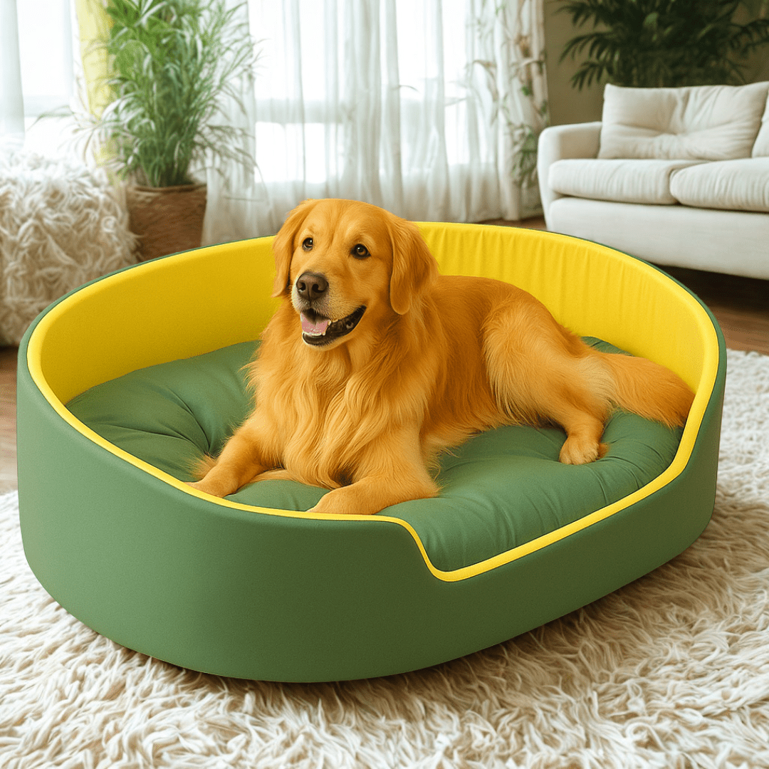 PetNet All - Season Ultra - Soft Dog BedDog lying on a green and yellow pet bed in a living room.Joypup